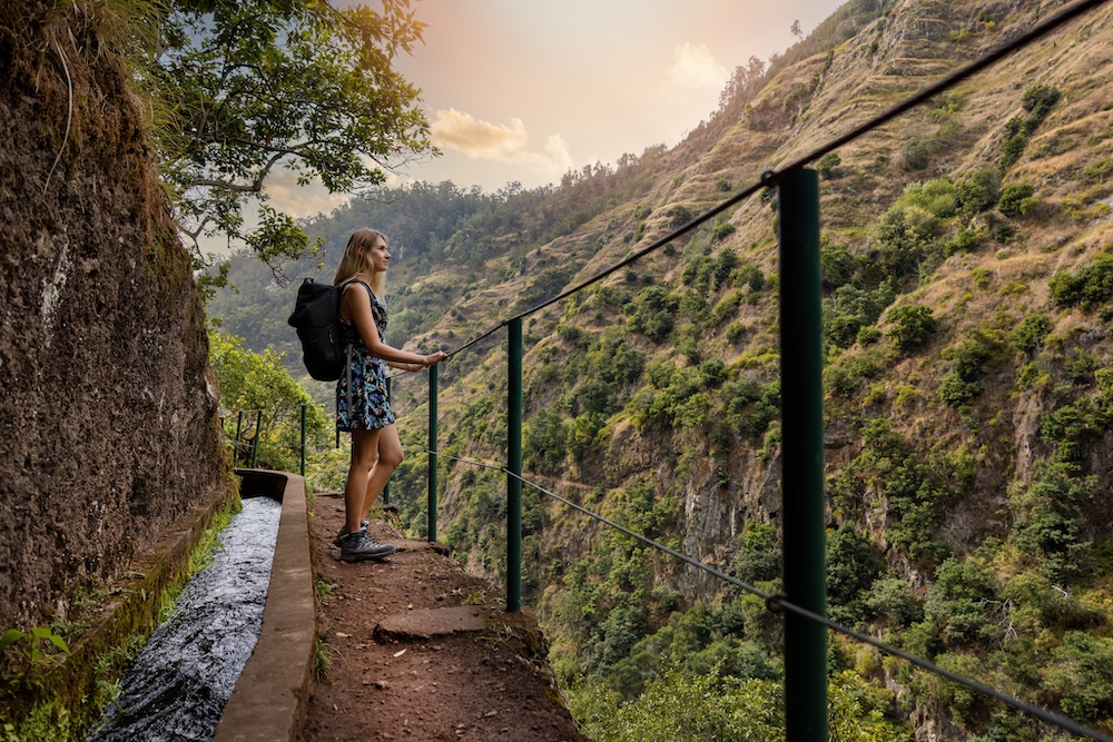 Nature,Of,Madeira,Island.,Woman,Enjoying,Beautiful,Landscape,On,Levada
